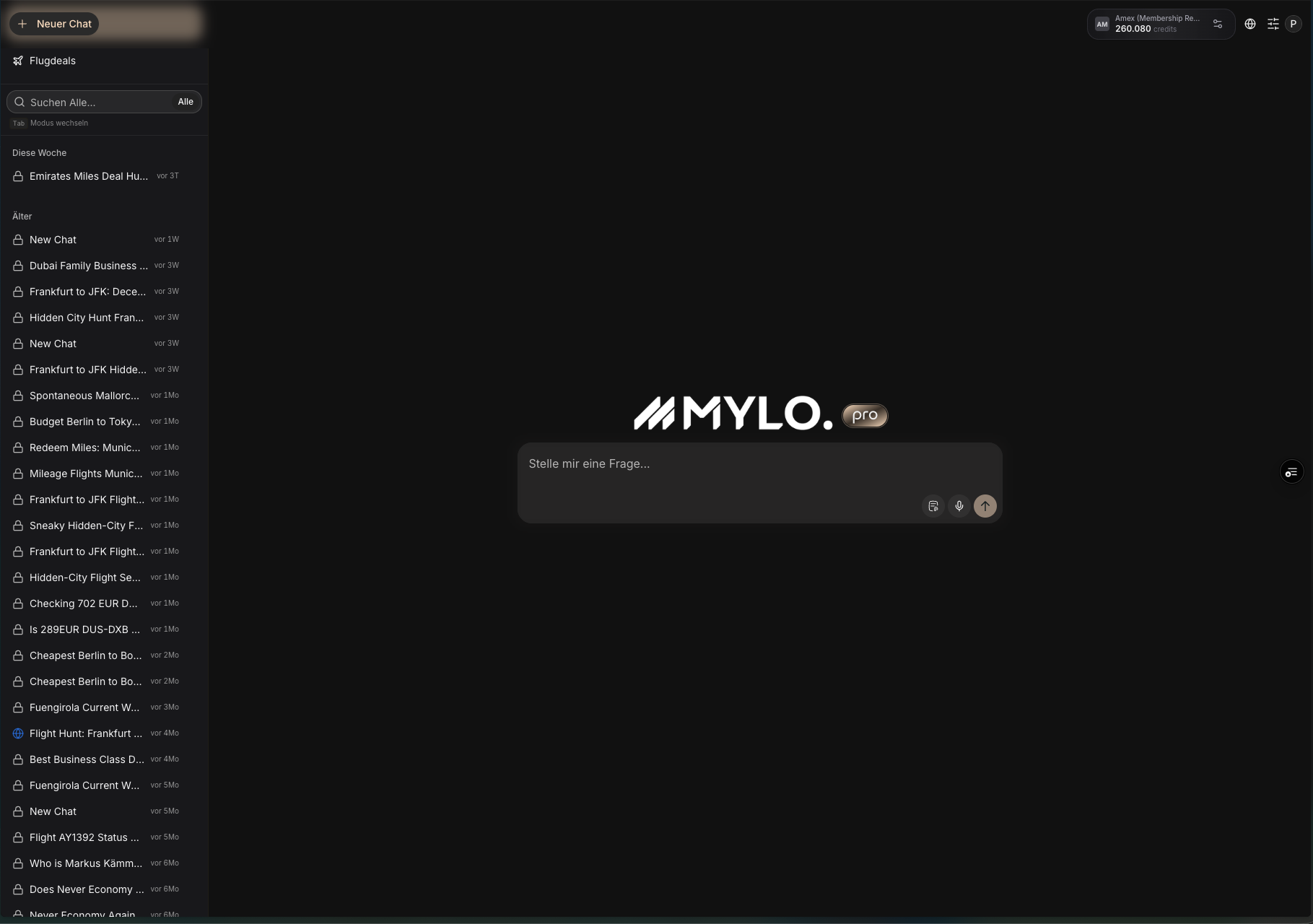 The MYLO web app: a chat history of premium-cabin requests like business-class deals and miles upgrades.